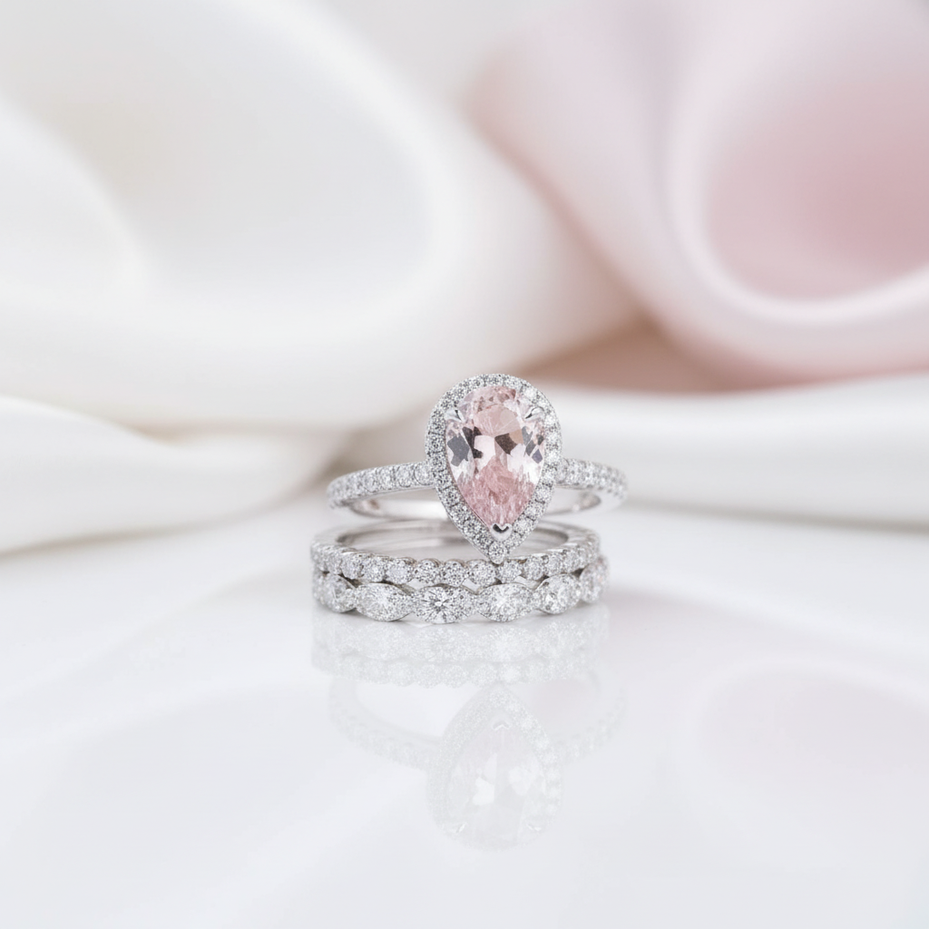 Halo Pear Cut Synthetic Morganite 3Pcs Wedding Ring Set-Black Diamonds New York