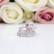 Halo Pear Cut Synthetic Morganite 3Pcs Wedding Ring Set-Black Diamonds New York
