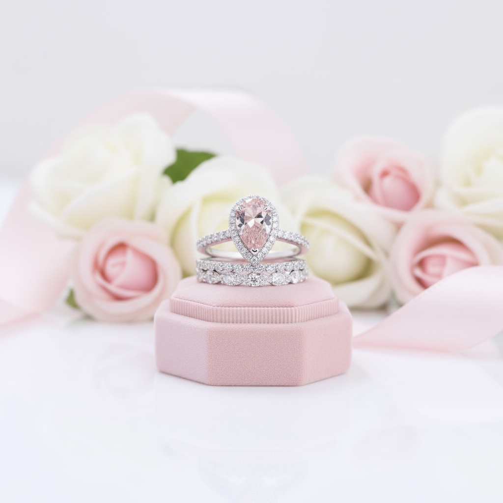 Halo Pear Cut Synthetic Morganite 3Pcs Wedding Ring Set-Black Diamonds New York