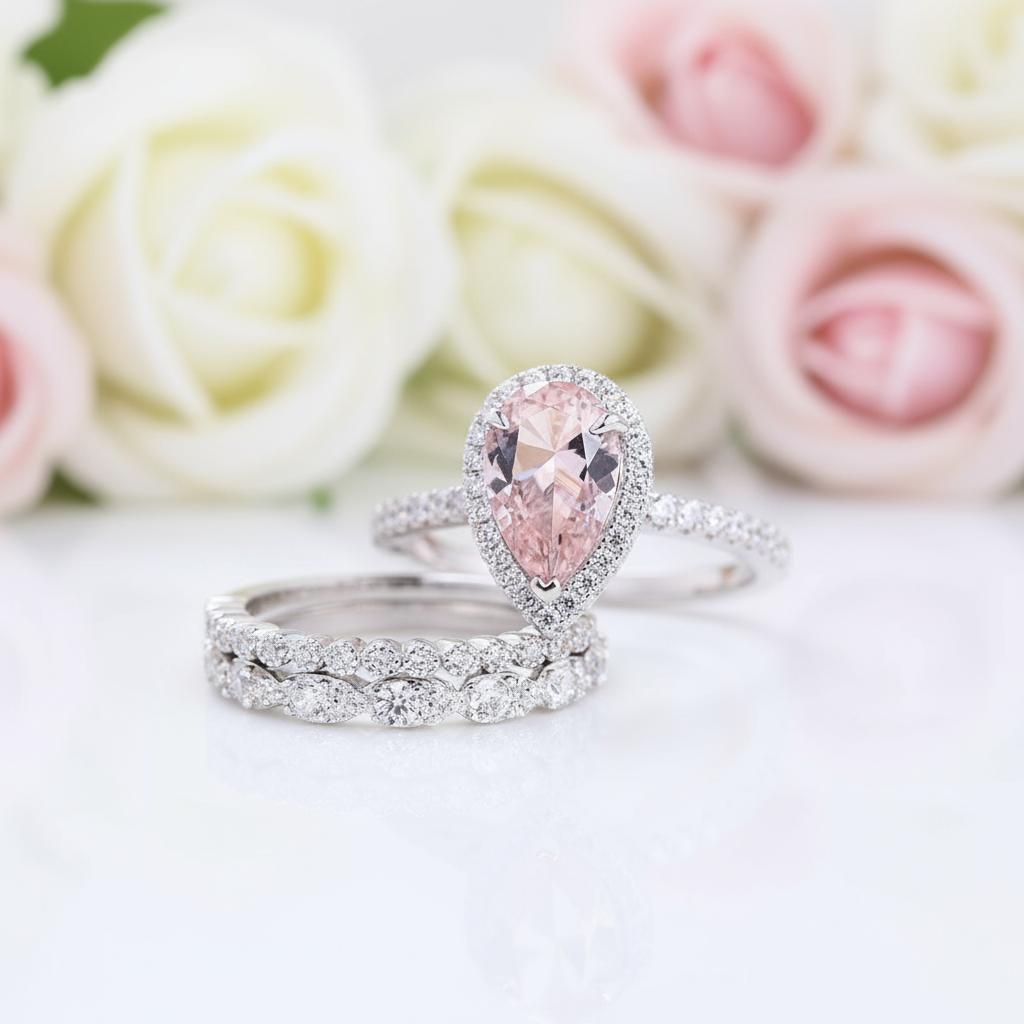 Halo Pear Cut Synthetic Morganite 3Pcs Wedding Ring Set-Black Diamonds New York