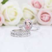 Halo Pear Cut Synthetic Morganite 3Pcs Wedding Ring Set-Black Diamonds New York