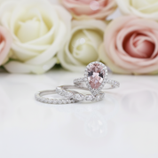 Halo Pear Cut Synthetic Morganite 3Pcs Wedding Ring Set-Black Diamonds New York