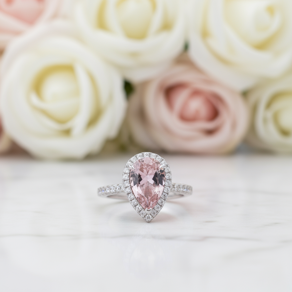 Halo Pear Cut Synthetic Morganite 3Pcs Wedding Ring Set-Black Diamonds New York