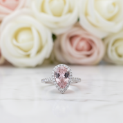 Halo Pear Cut Synthetic Morganite 3Pcs Wedding Ring Set-Black Diamonds New York