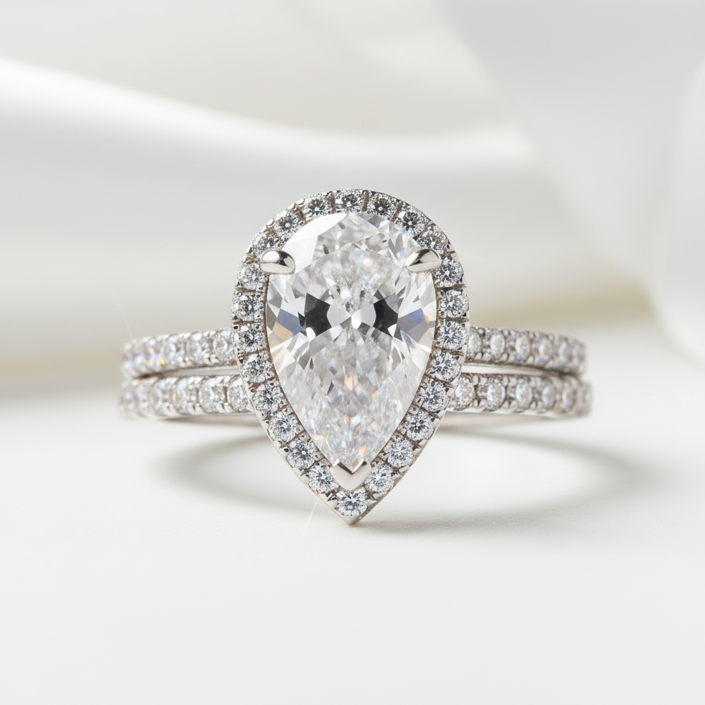 Halo Pear Cut White Sapphire Wedding Ring Set In White Gold-Black Diamonds New York