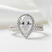 Halo Pear Cut White Sapphire Wedding Ring Set In White Gold-Black Diamonds New York