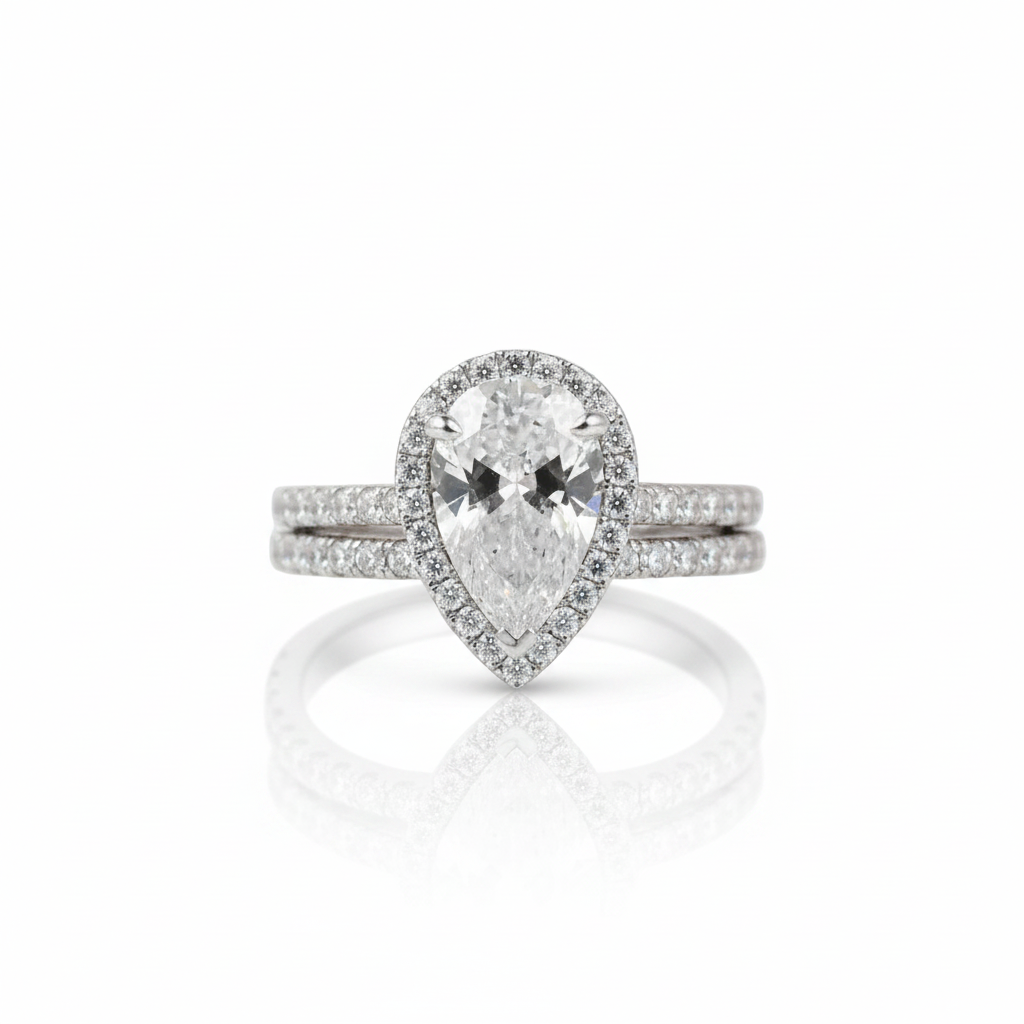 Halo Pear Cut White Sapphire Wedding Ring Set In White Gold-Black Diamonds New York