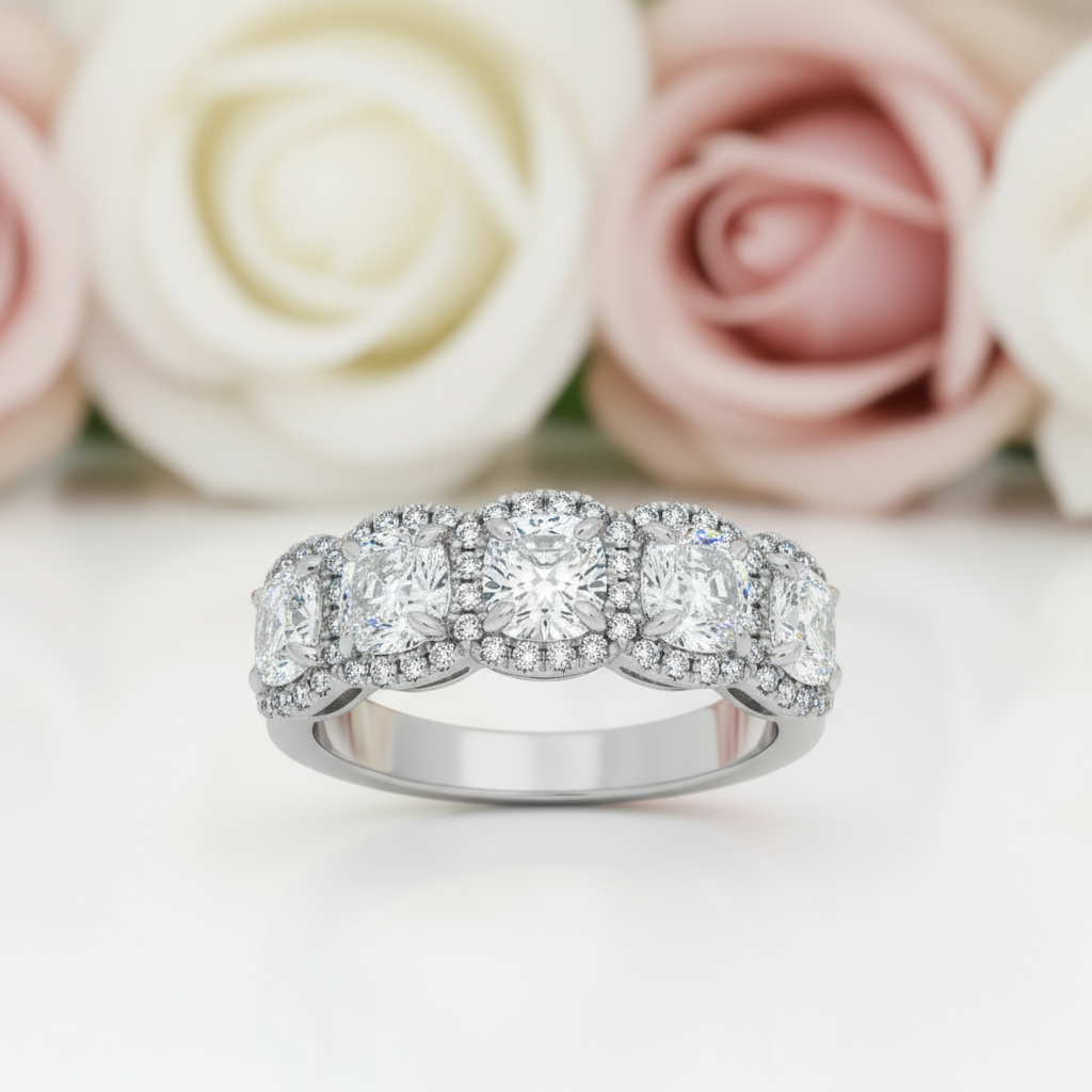 Halo Six Cushion Cut Diamond Wedding Ring-Black Diamonds New York