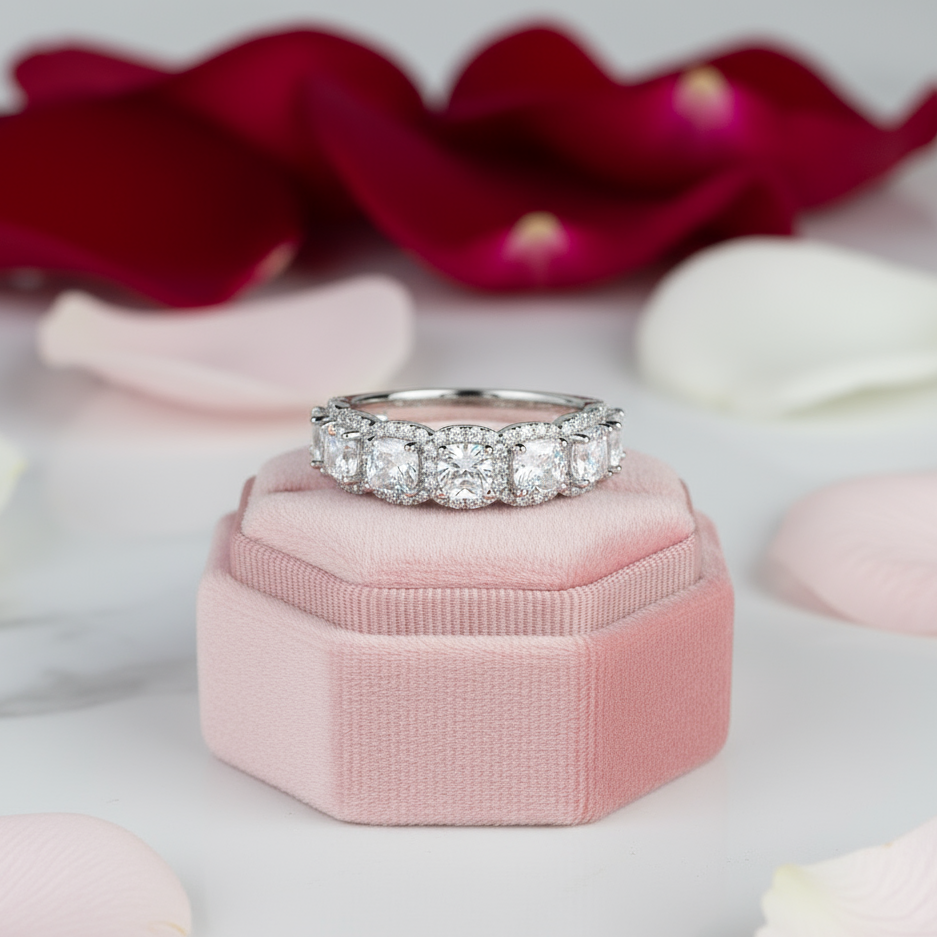 Halo Six Cushion Cut Diamond Wedding Ring-Black Diamonds New York