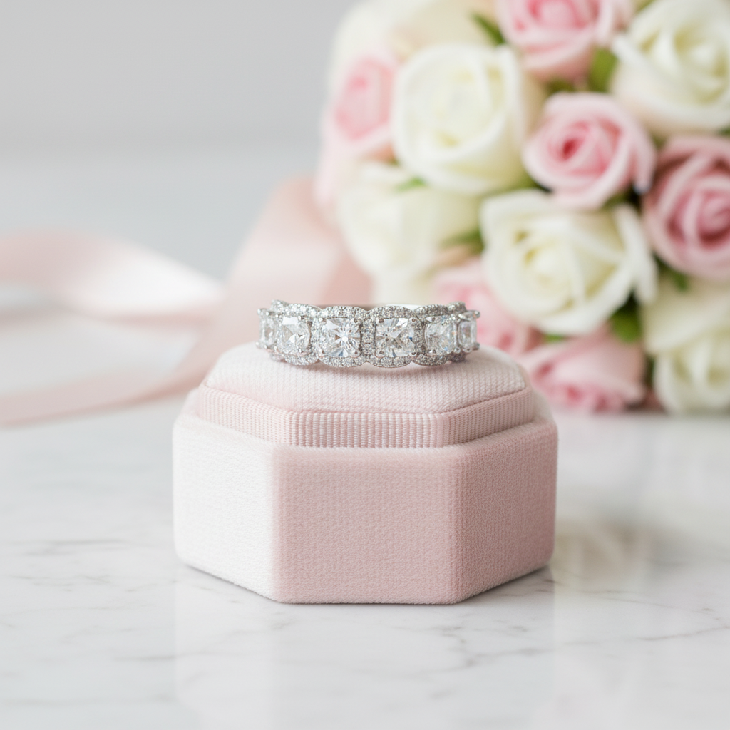 Halo Six Cushion Cut Diamond Option Wedding Ring-Black Diamonds New York