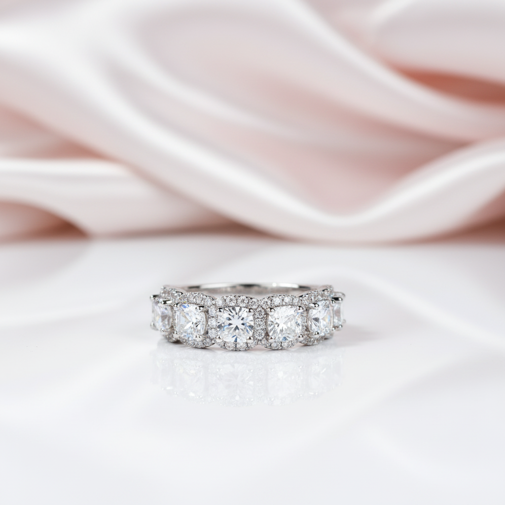 Halo Six Cushion Cut Diamond Option Wedding Ring-Black Diamonds New York