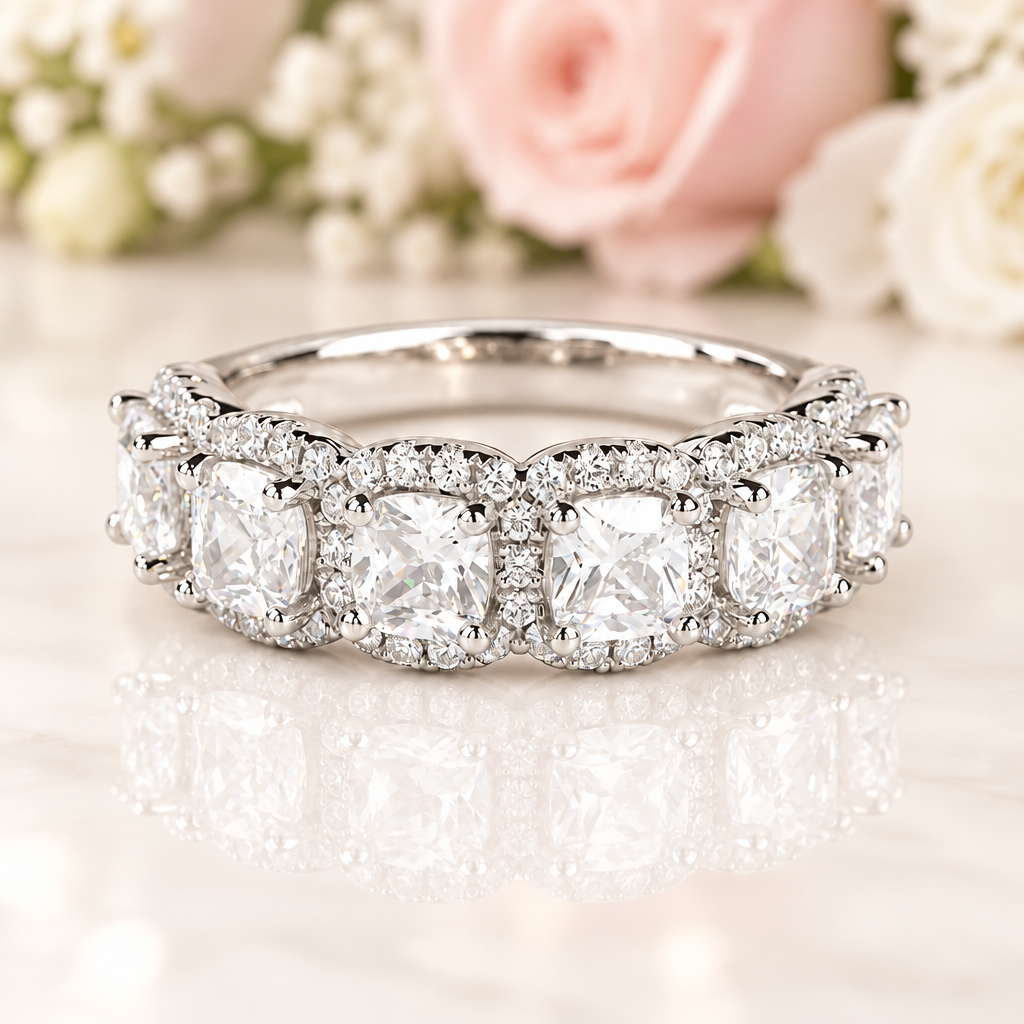 Halo Six Cushion Cut Diamond Option Wedding Ring