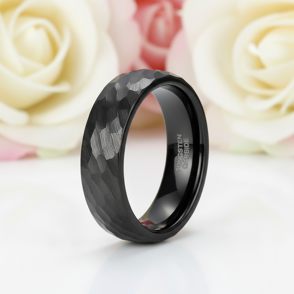 Hammered Men's Tungsten Wedding Band-Black Diamonds New York
