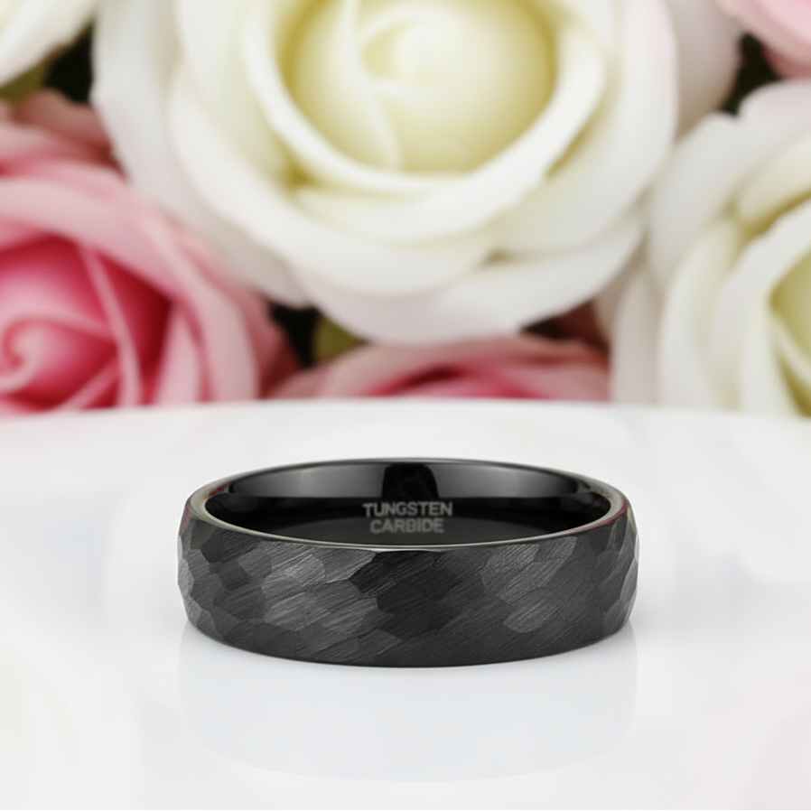 Hammered Men's Tungsten Wedding Band-Black Diamonds New York