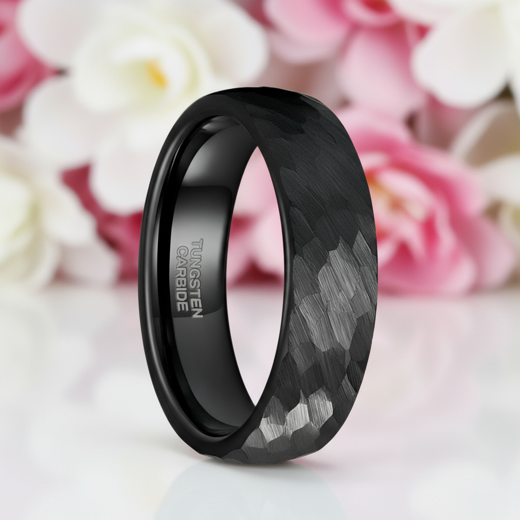 Hammered Men's Tungsten Wedding Band-Black Diamonds New York
