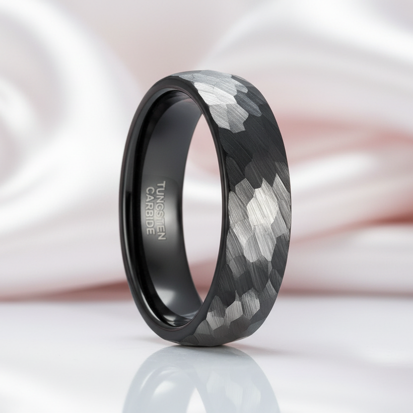 Hammered Men's Tungsten Wedding Band-Black Diamonds New York