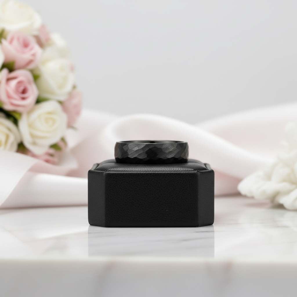 Hammered Men's Tungsten Wedding Band-Black Diamonds New York