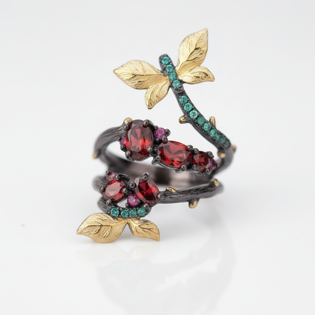Handmade Adjustable 1.81 ct Garnet Branch Rings-Black Diamonds New York