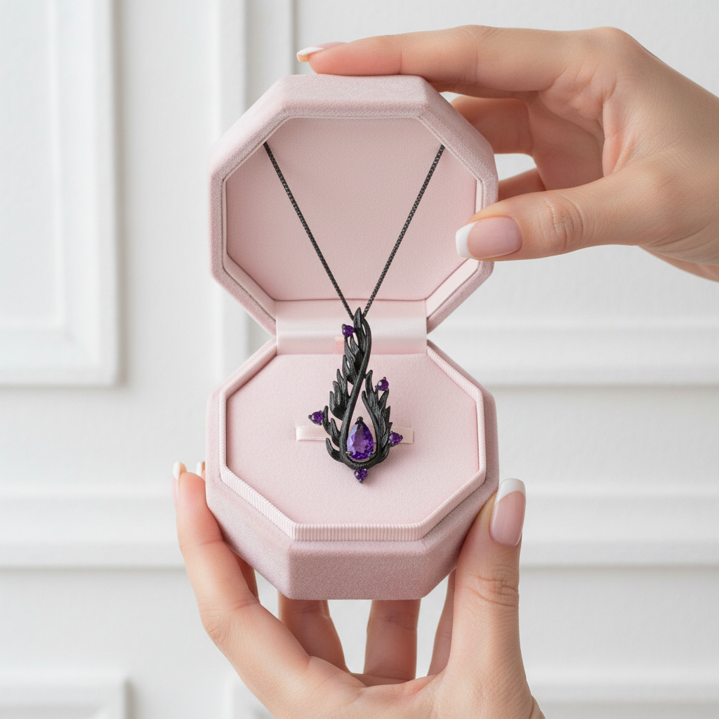 Handmade Angel's Wing Natural Amethyst Gemstone Necklace-Black Diamonds New York