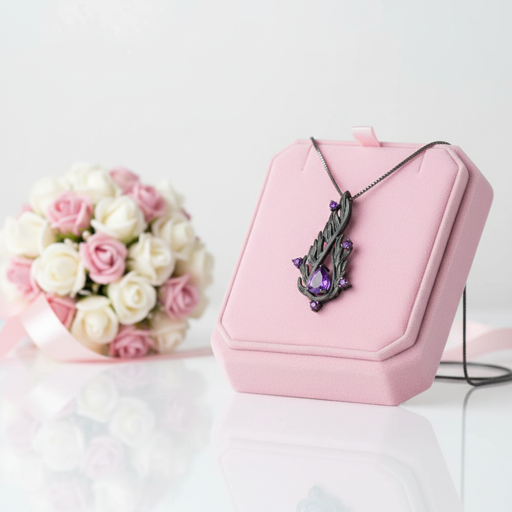 Necklace with a feather design in front of a pink jewelry box on a white surface with flowers in the background.