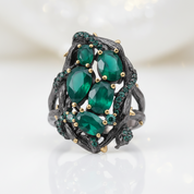 Handmade Branch Snake Ring with Natural Green Agate-Black Diamonds New York