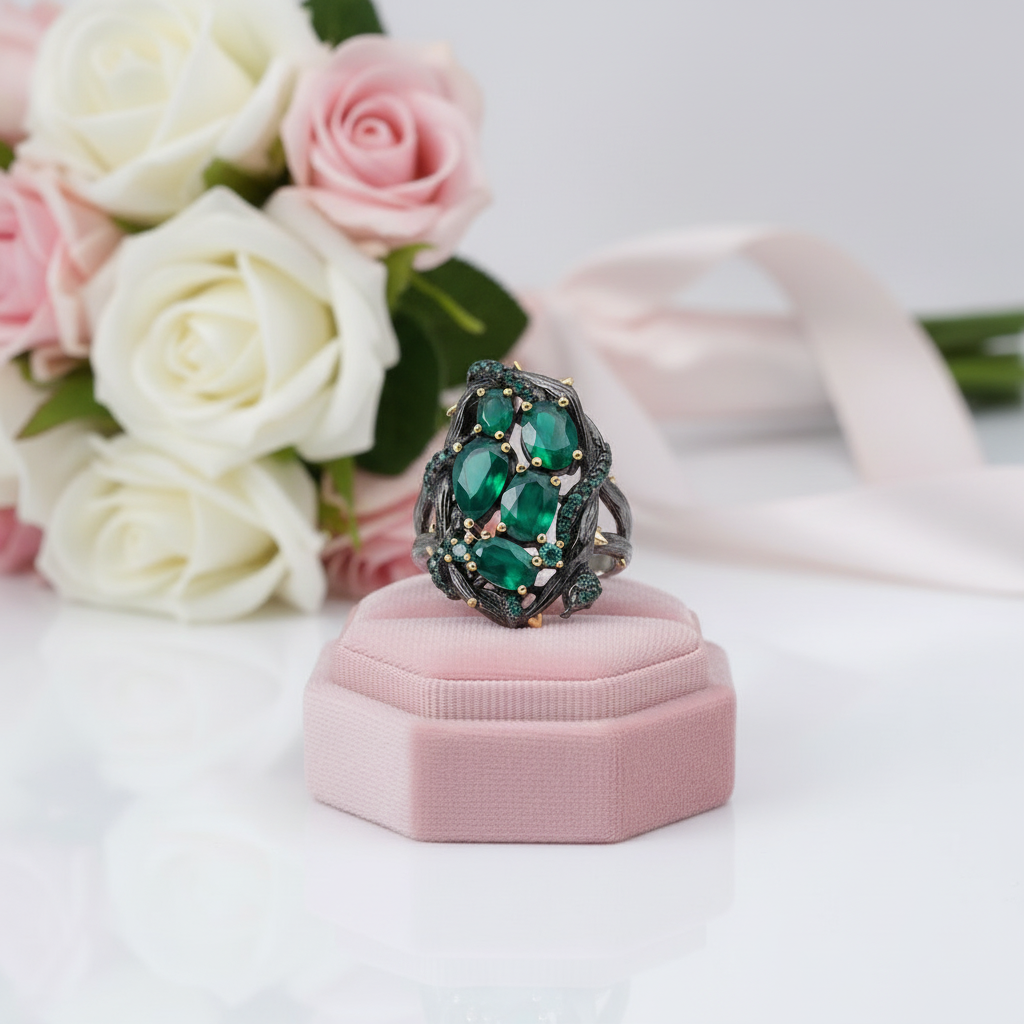 Handmade Branch Snake Ring with Natural Green Agate-Black Diamonds New York