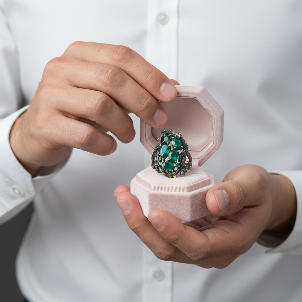 Handmade Branch Snake Ring with Natural Green Agate-Black Diamonds New York