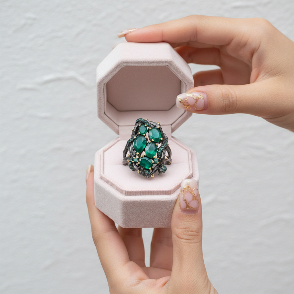 Handmade Branch Snake Ring with Natural Green Agate-Black Diamonds New York