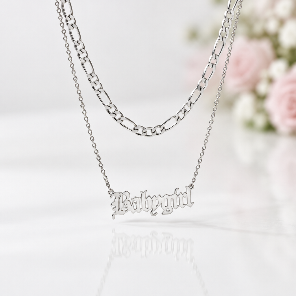 Handmade Custom Two Chain Name Necklace-Black Diamonds New York