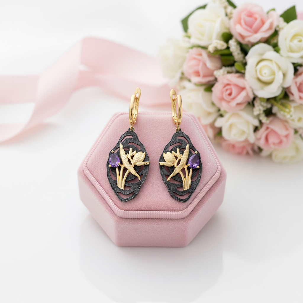 Handmade Dragonfly Lotus Flower Nature Amethyst Earrings-Black Diamonds New York