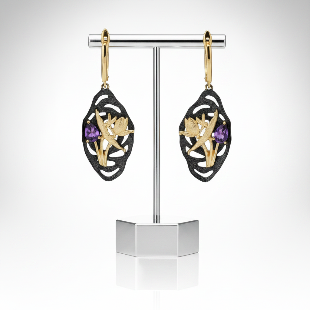 Handmade Dragonfly Lotus Flower Nature Amethyst Earrings-Black Diamonds New York