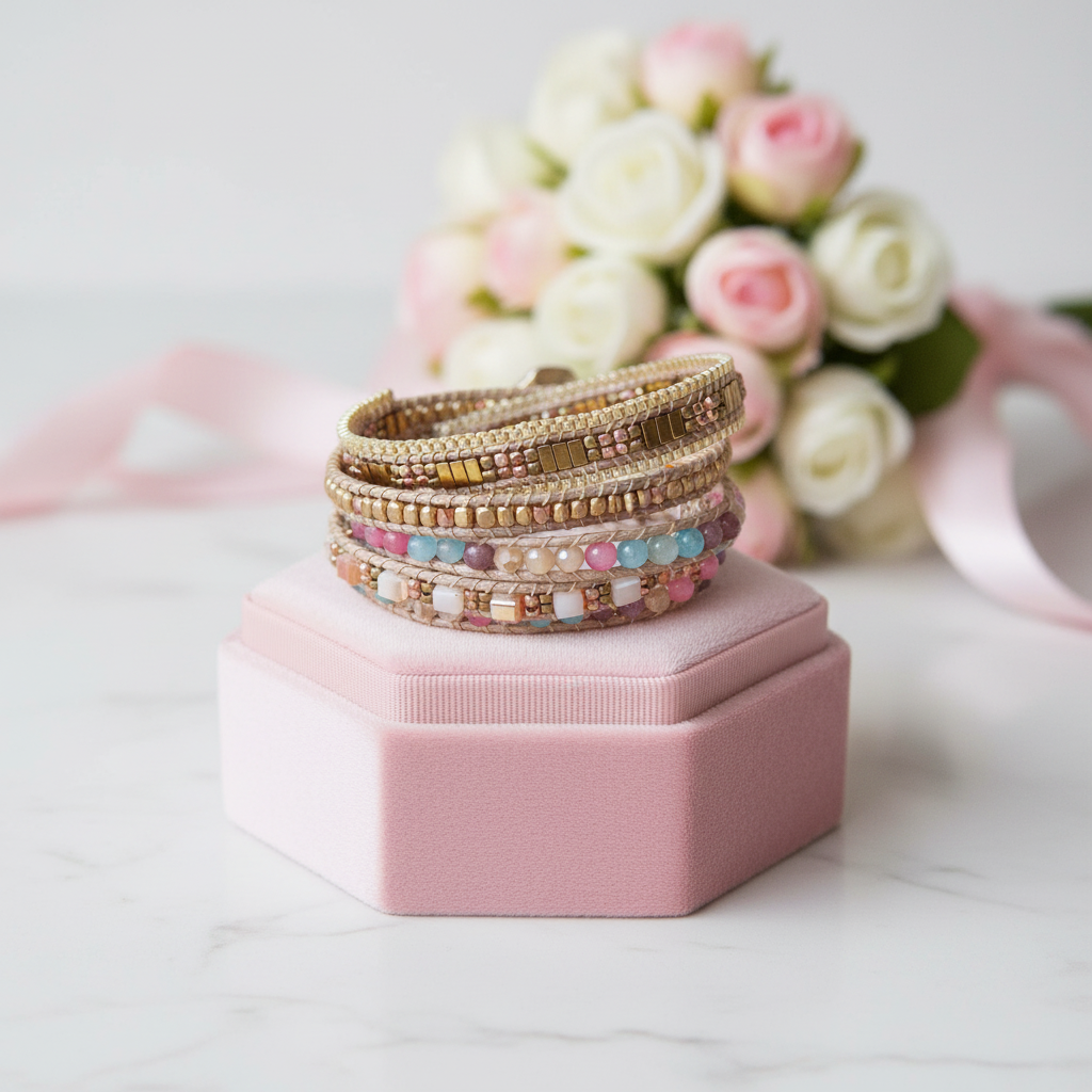 Stack of beaded bracelets on a pink jewelry box with flowers in the background