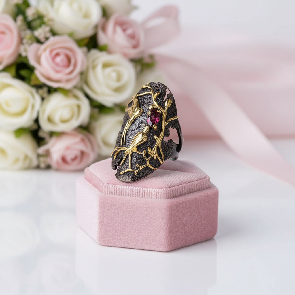 Handmade Rhodolite Garnet Adjustable Cocktail Ring-Black Diamonds New York
