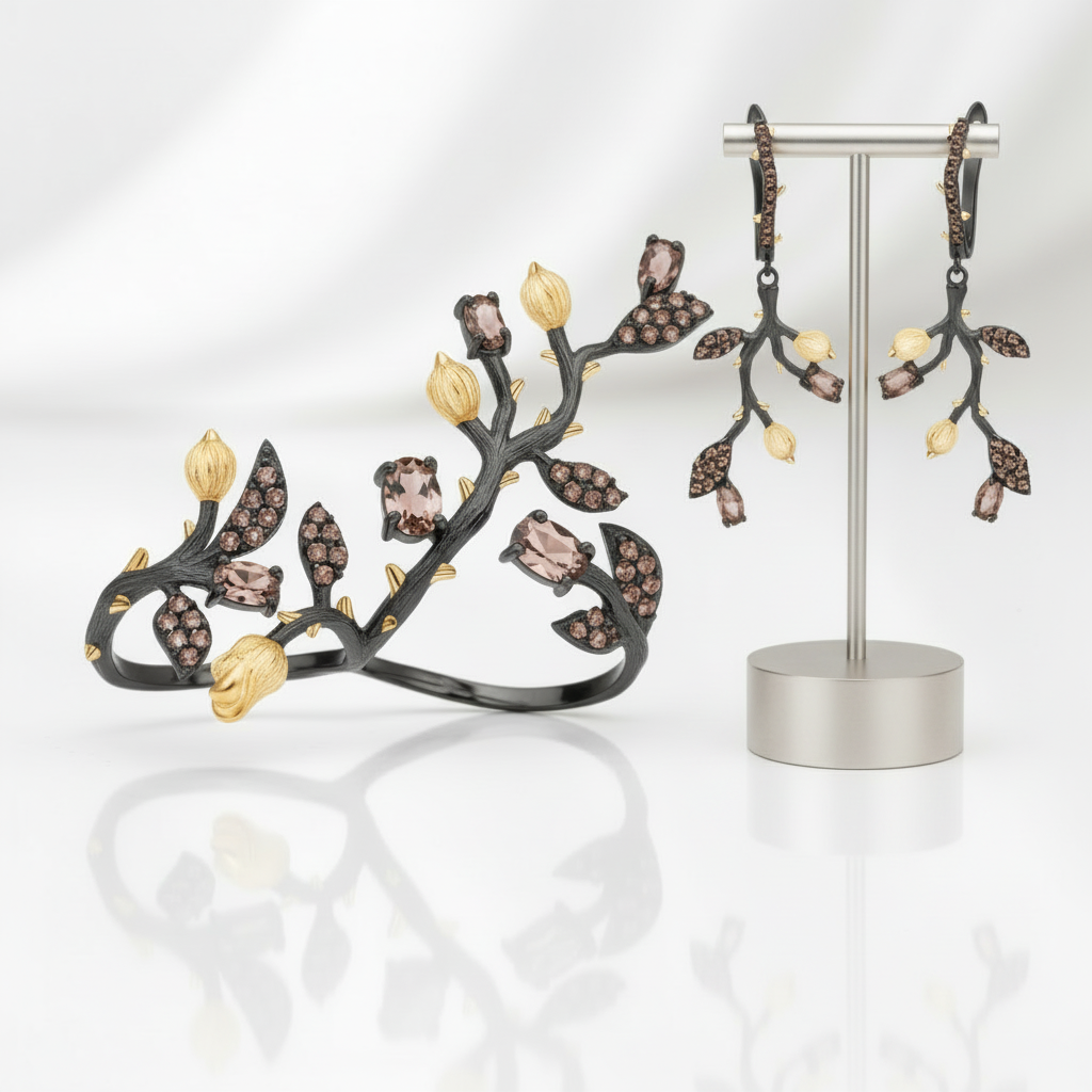 Handmade Smoky Quartz Jewelry Set-Black Diamonds New York