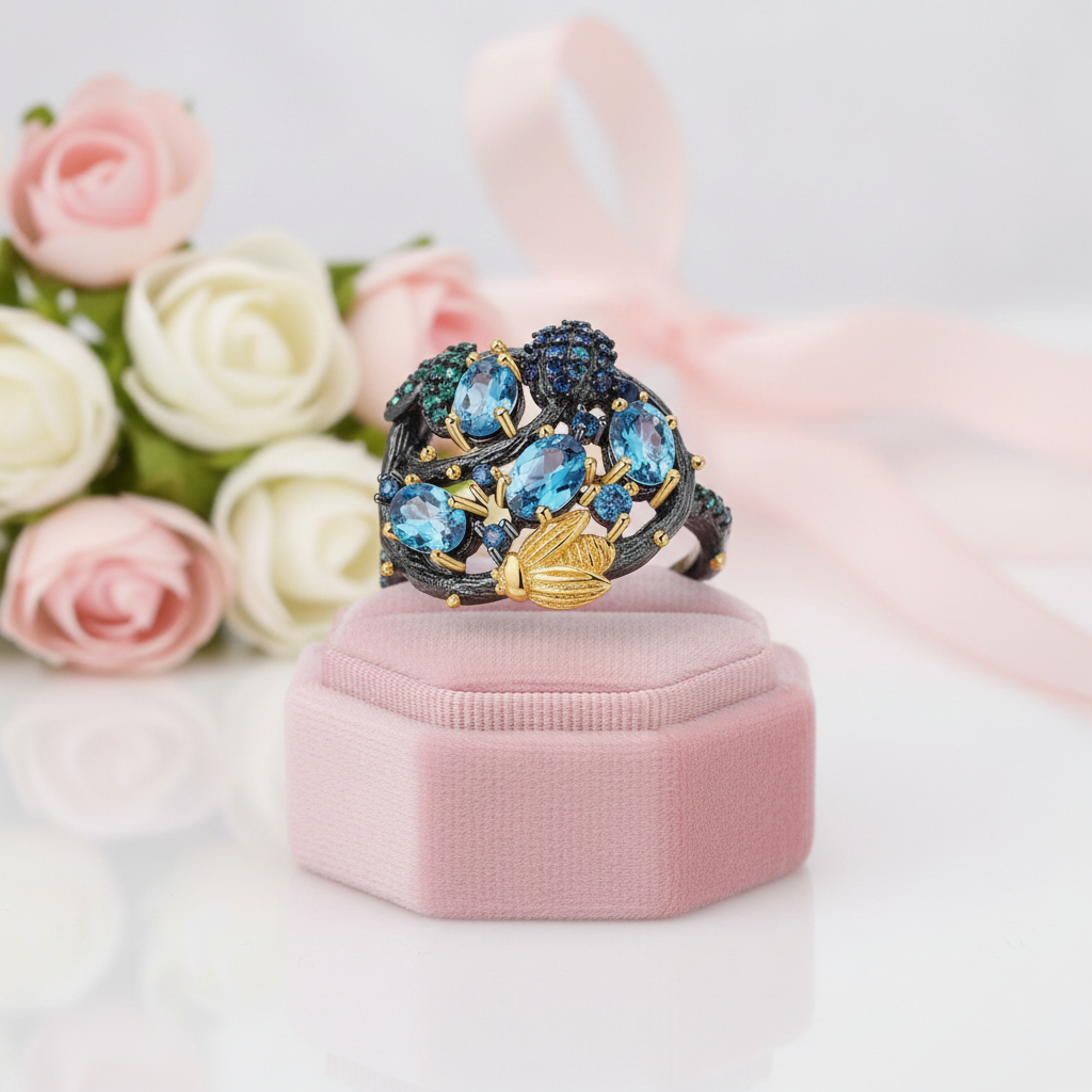 Handmade Swiss Blue Topaz Gold Bee on Branch Rings-Black Diamonds New York