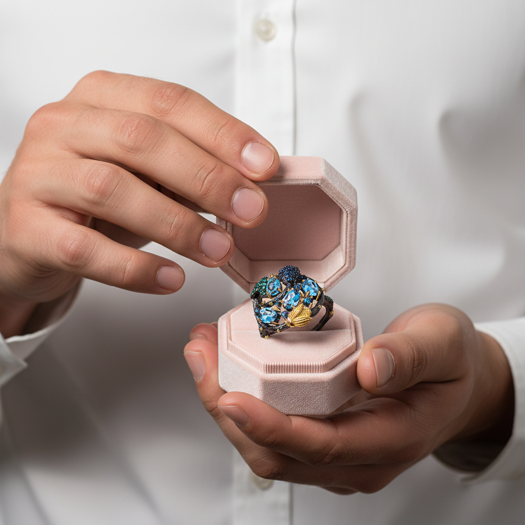 Handmade Swiss Blue Topaz Gold Bee on Branch Rings-Black Diamonds New York