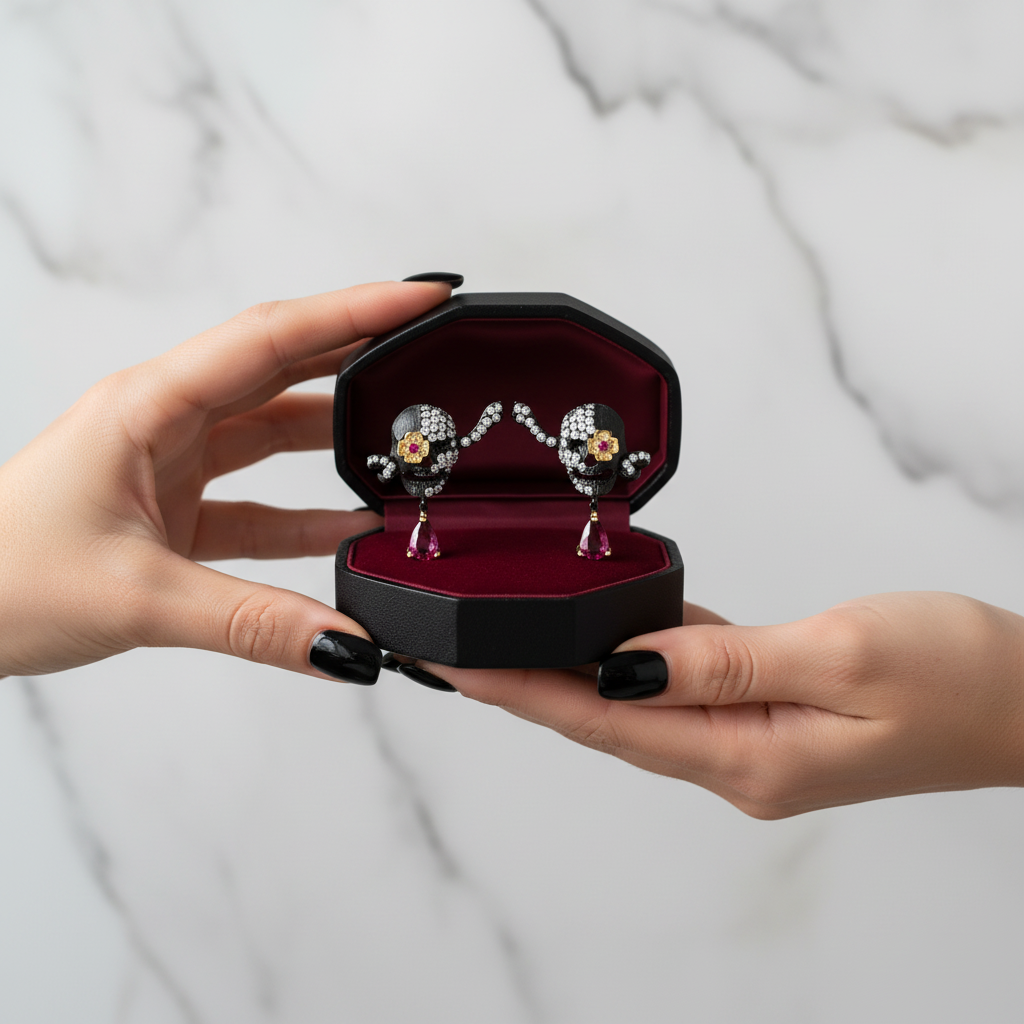 Handmade Skull Stud Earrings With Ruby Gemstone-Black Diamonds New York