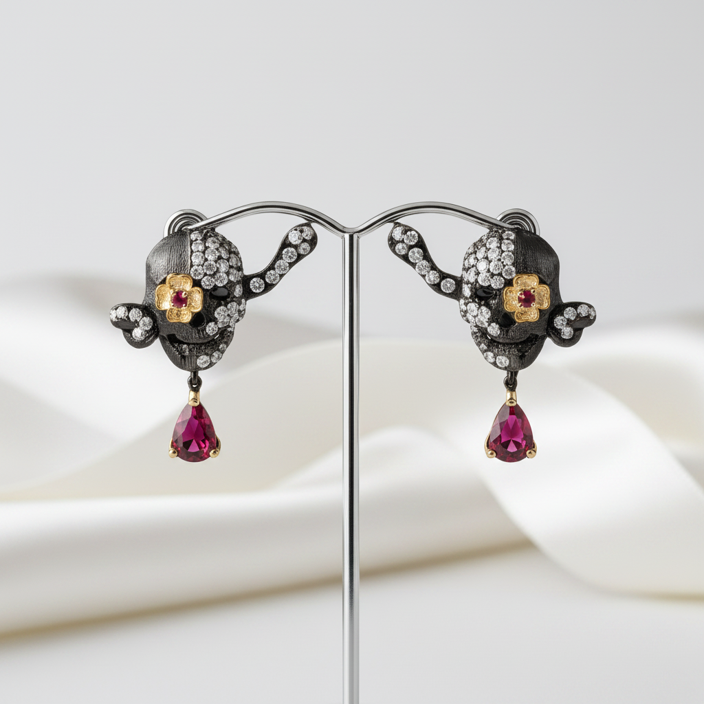 Handmade Skull Stud Earrings With Ruby Gemstone-Black Diamonds New York