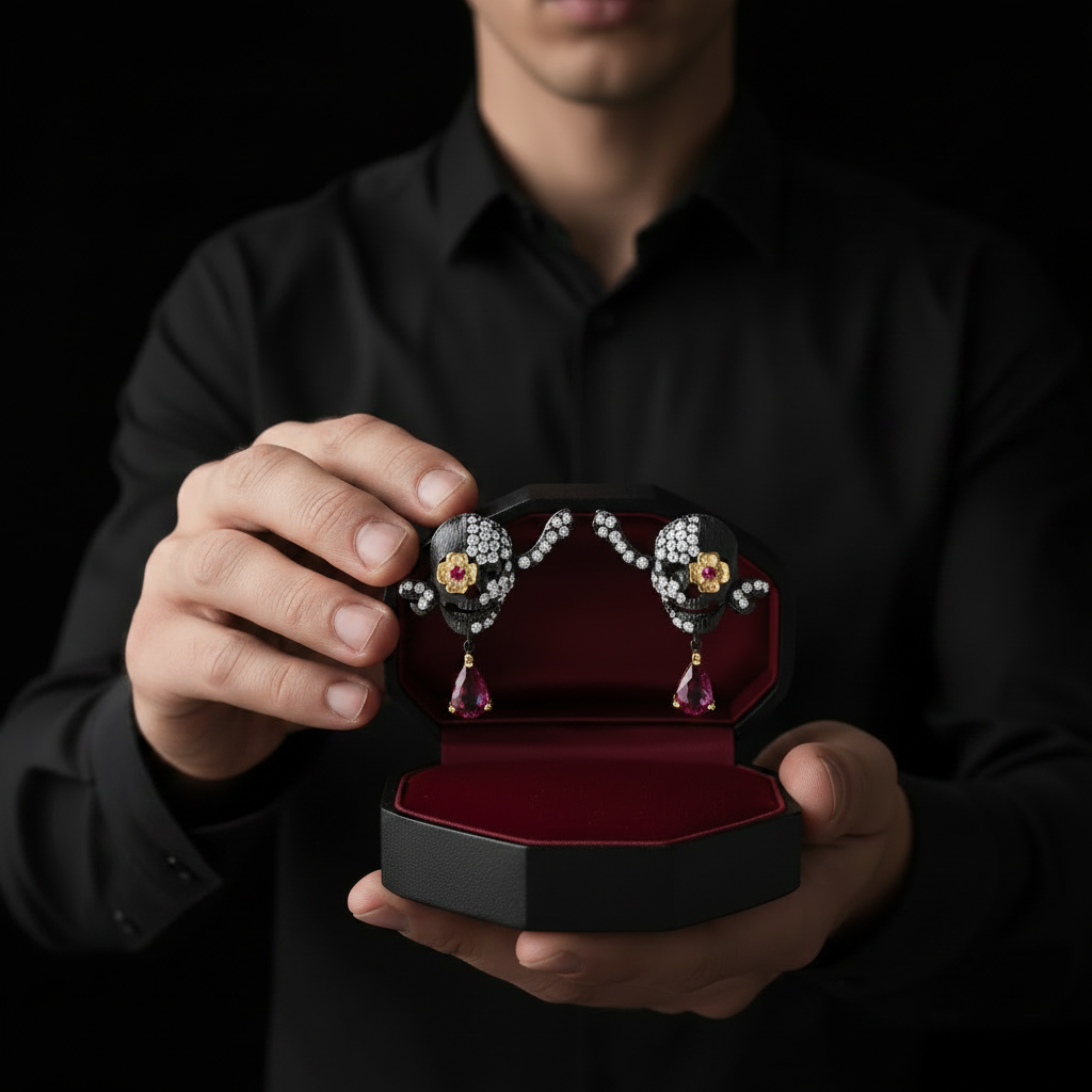 Handmade Skull Stud Earrings With Ruby Gemstone-Black Diamonds New York