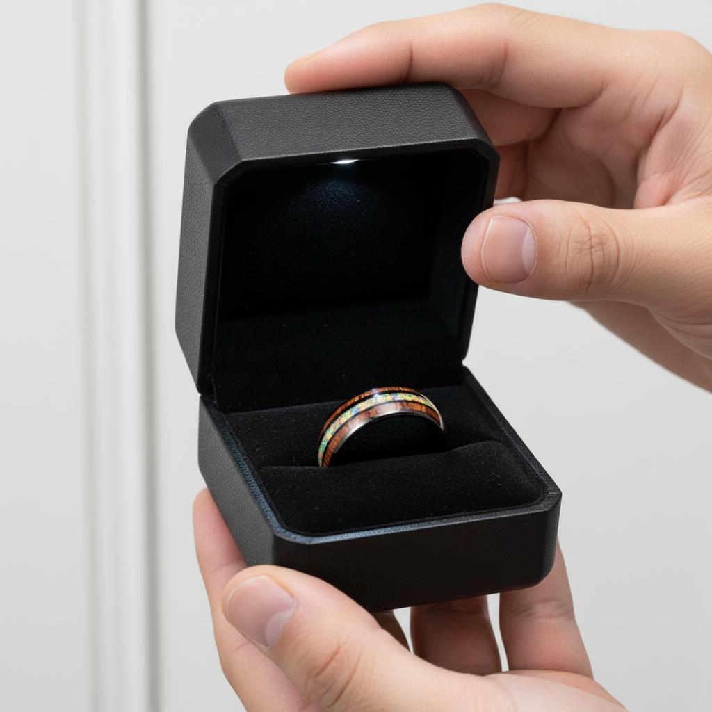 Hawaiian Wood with Opal and Abalone Tungsten Wedding Band-Black Diamonds New York