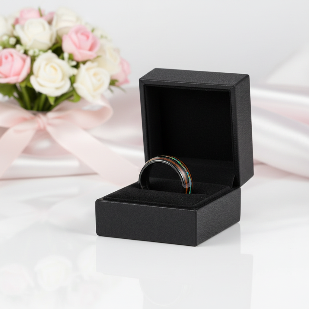 Hawaiian Wood with Opal and Abalone Tungsten Wedding Band-Black Diamonds New York