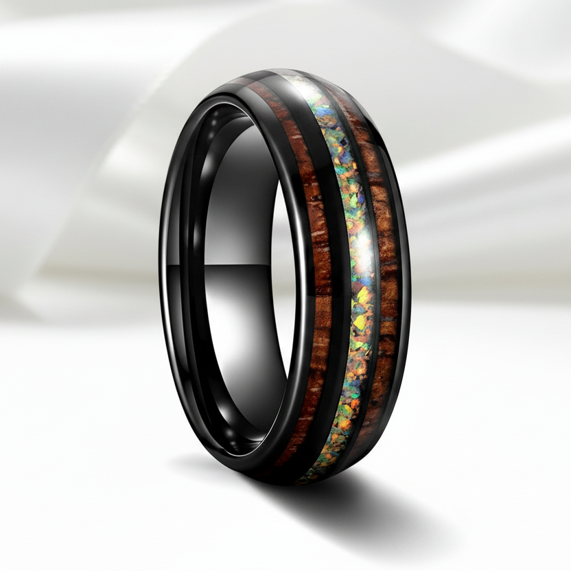Hawaiian Wood with Opal and Abalone Tungsten Wedding Band-Black Diamonds New York