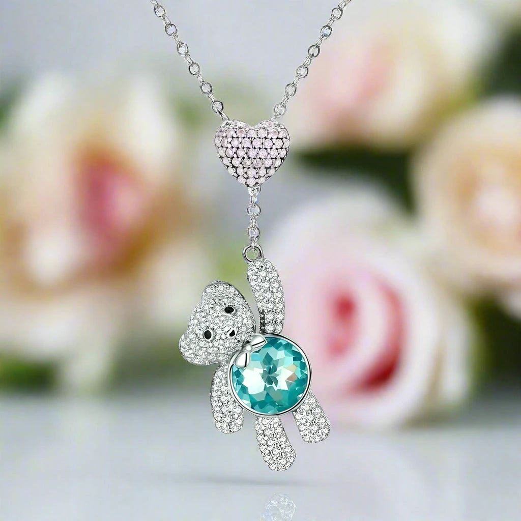 Heart And Cute Bear Pendant Necklace with Pink Diamond-Black Diamonds New York