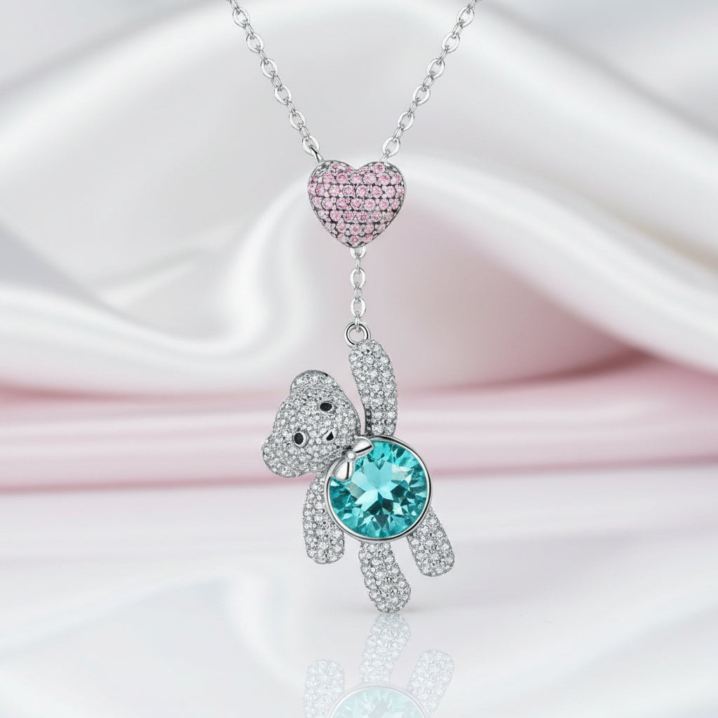 Heart And Cute Bear Pendant Necklace with Pink Diamond Option-Black Diamonds New York