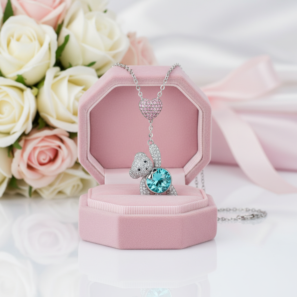 Heart And Cute Bear Pendant Necklace with Pink Diamond Option-Black Diamonds New York