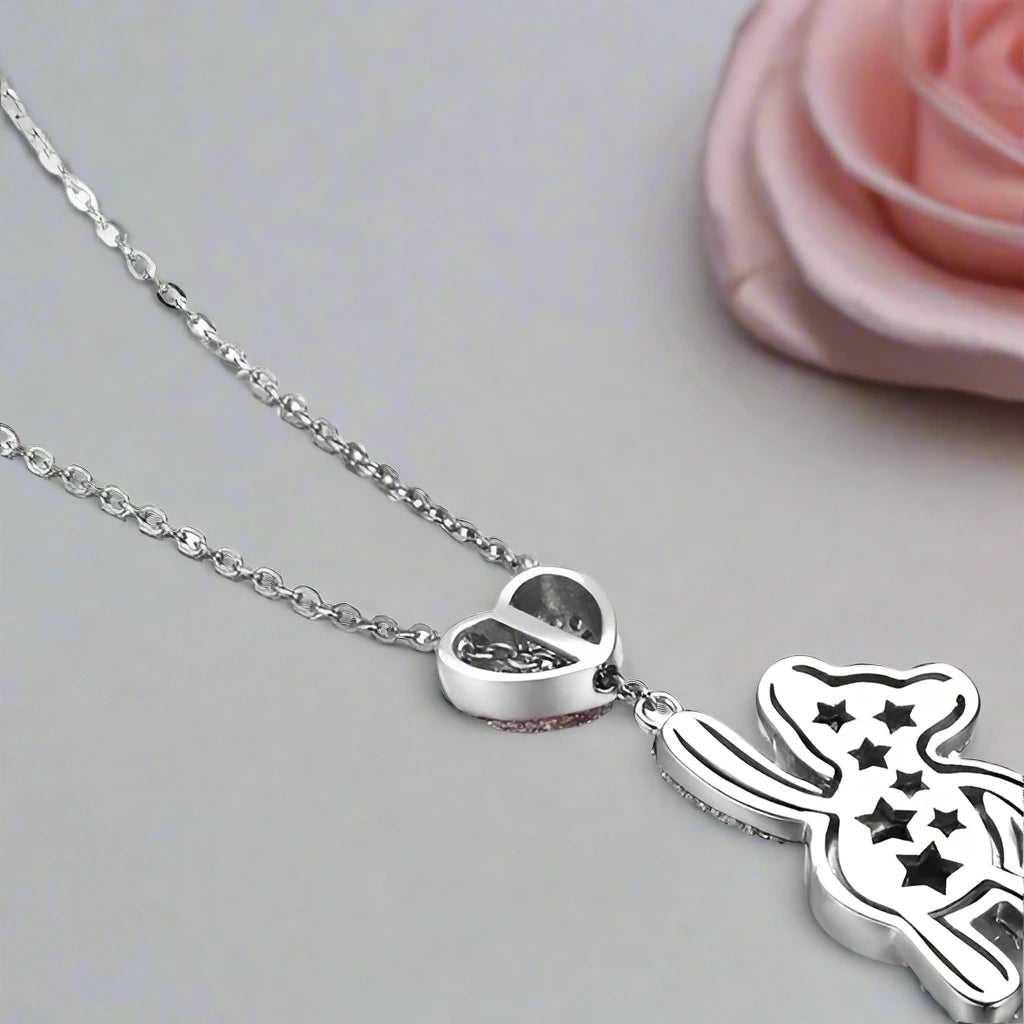 Heart And Cute Bear Pendant Necklace with Pink Diamond-Black Diamonds New York
