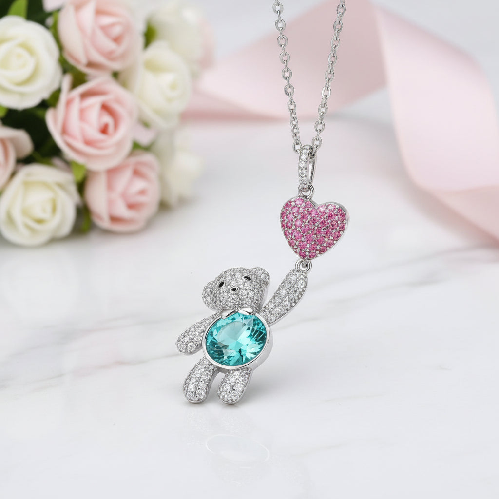 Heart And Cute Bear Pendant Necklace with Pink Diamond Option-Black Diamonds New York
