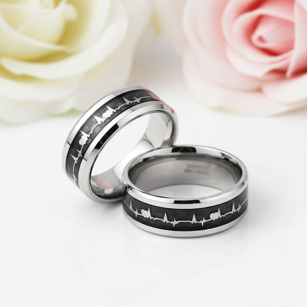 Heart Beat Inlay Men's Tungsten Carbide Wedding Band-Black Diamonds New York