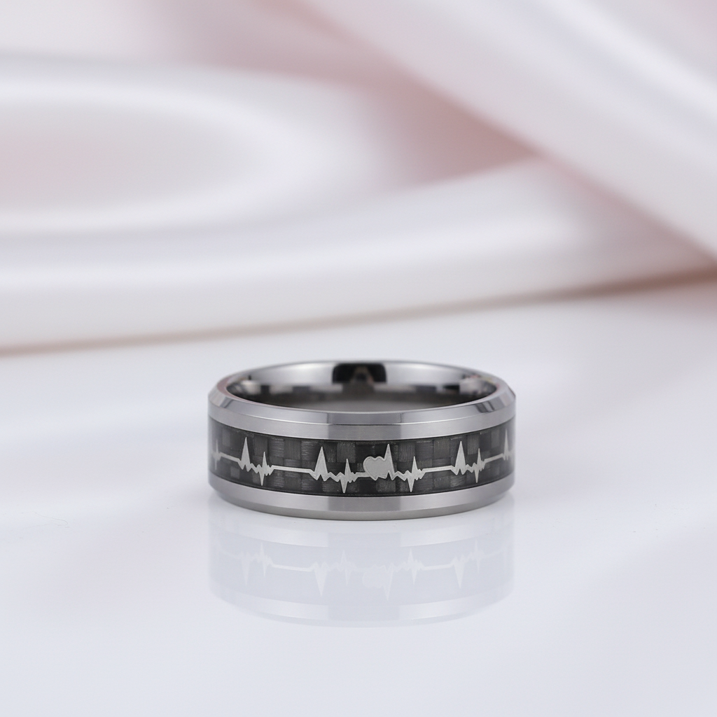 Heart Beat Inlay Men's Tungsten Carbide Wedding Band-Black Diamonds New York