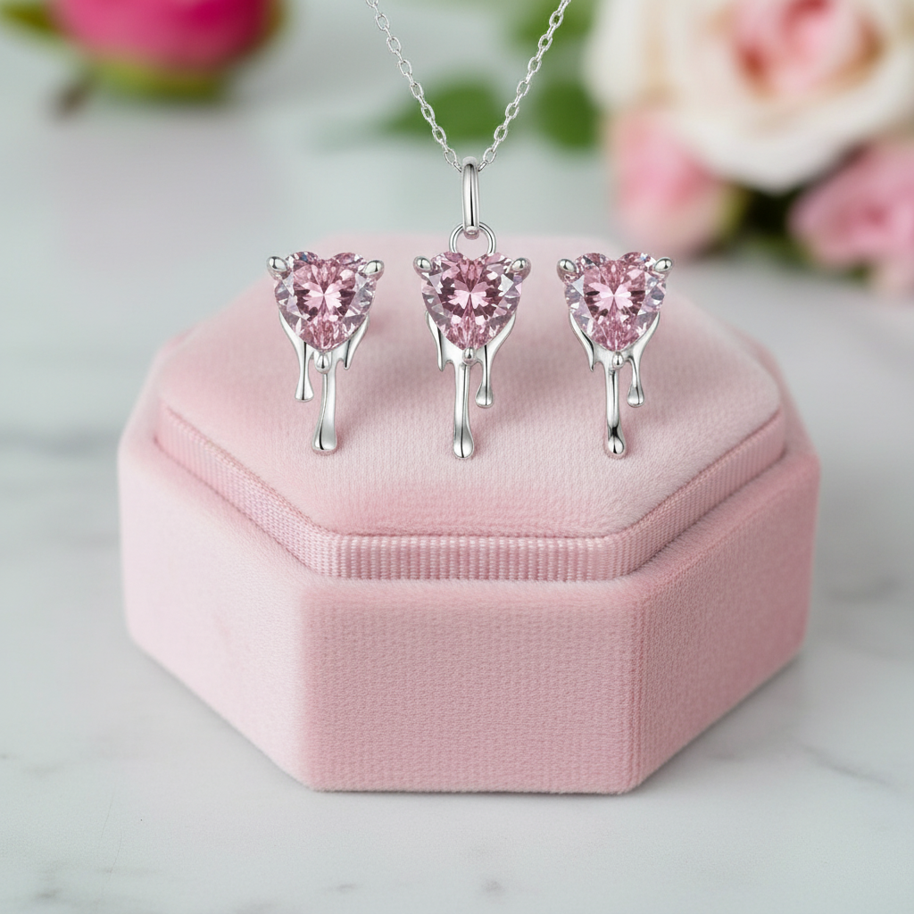 Heart-Cut Diamond with Drip Design Necklace & Earrings Jewelry Set-Black Diamonds New York